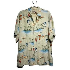 Campia Moda Men’s Tropical Beach Button Down Shirt Size L. Fishing Palm Tree